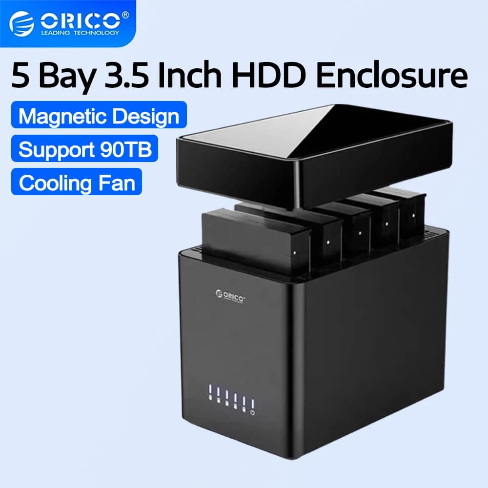 ORICO Custodia per disco rigido esterno da 3,5 pollici a 5 alloggiamenti Custodia magnetica per disco rigido SATA a USB3.0/Tipo C per HDD SDD da 2,5'' 3,5 pollici