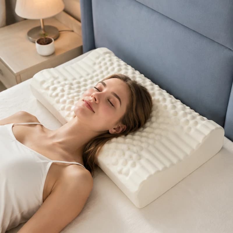 Cuscino ergonomico in lattice naturale thailandese, morbido e traspirante, con supporto curvo per alleviare il dolore al collo, ideale per il riposo quotidiano degli adulti.