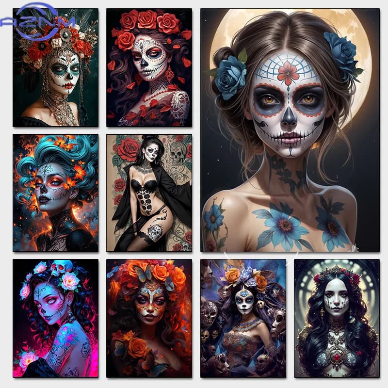 Terrifying Los Muertos Sugarskull Girl with Flowers Posters Day of the Dead Prints Canvas Printing Wall Pictures Home Room De