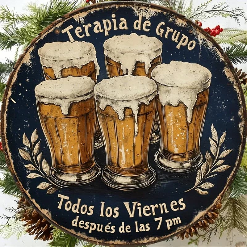1PC 2D Flat Rustic Spanish Beer Mug Metal Plaque Retro Spanish Text Home Bar Man Cave Ornament