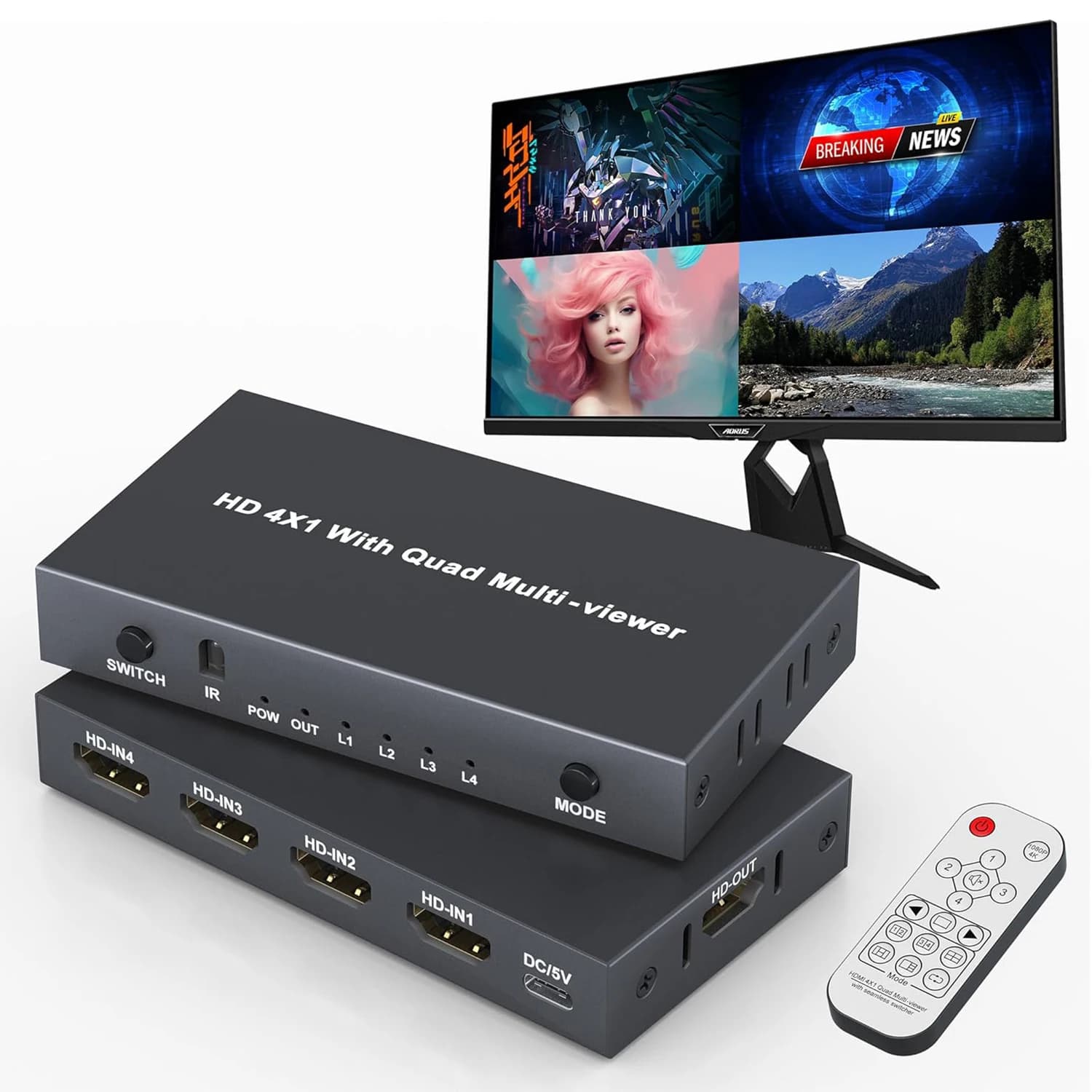 4K HDMI Quad Multiviewer 4 in 1 out 1080P HDMI Switcher Screen Video Multi Viewer Seamless Switch with Remote for PS5 Xbox PC TV