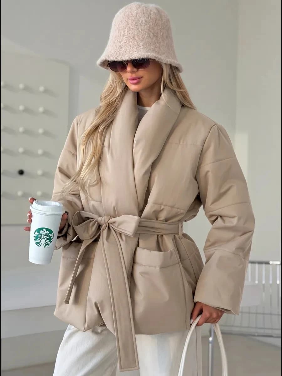 2026 Autumn Winter Women Quilted Jacket Shawl Collar Belted Waist Padded Coat Casual Lounge Outerwear Beige