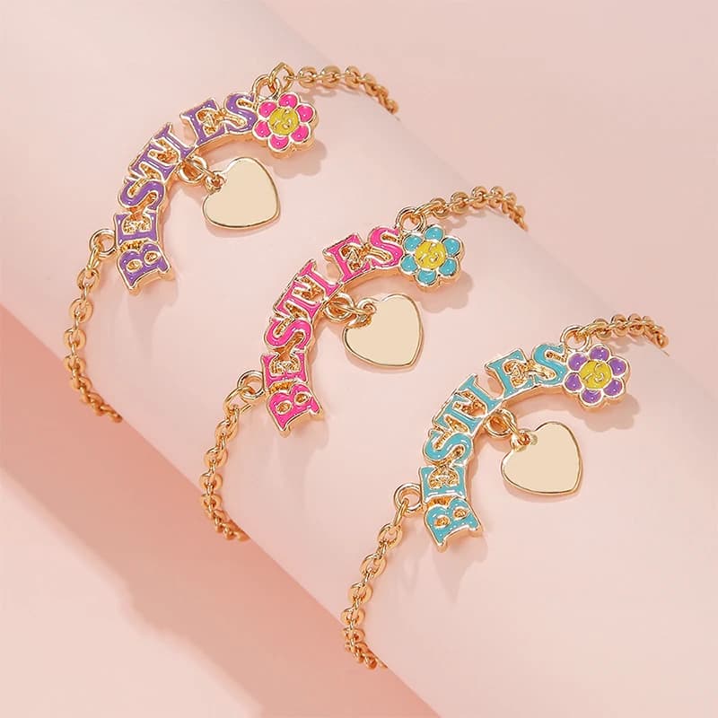 3Pcs/set Heart Charm Besties Flower Adjustable Bracelet for 3 Girls Best Friend Jewelry Friendship Gifts