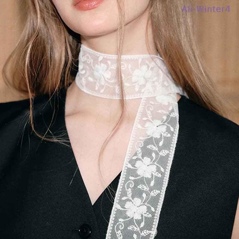 {Summer2} French summer lace scarf with perforated embroidery, long ribbon and belt, fashion accessories for clothing