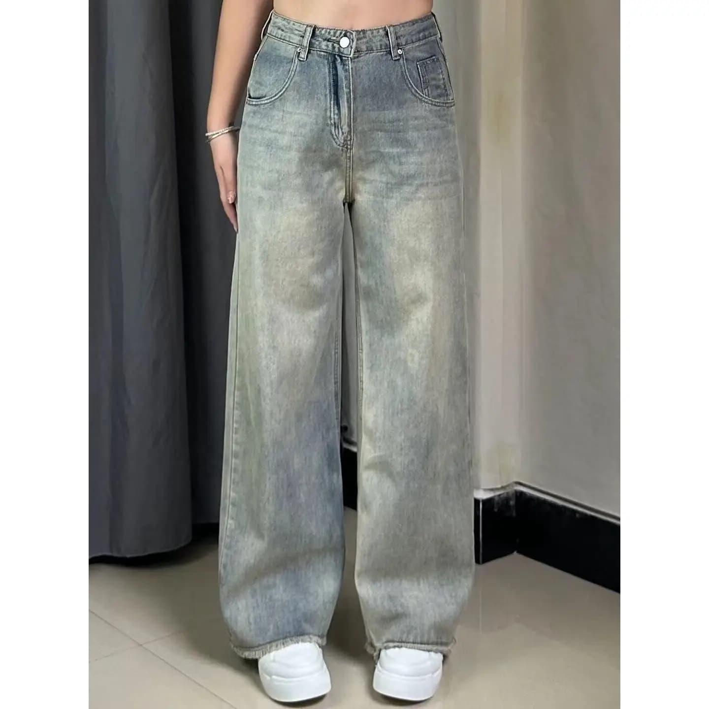 American Style Vintage Faded Cement Yellow Wide Leg Jeans Women's New High Waist Loose Slimming Straight Cut Denim Pants