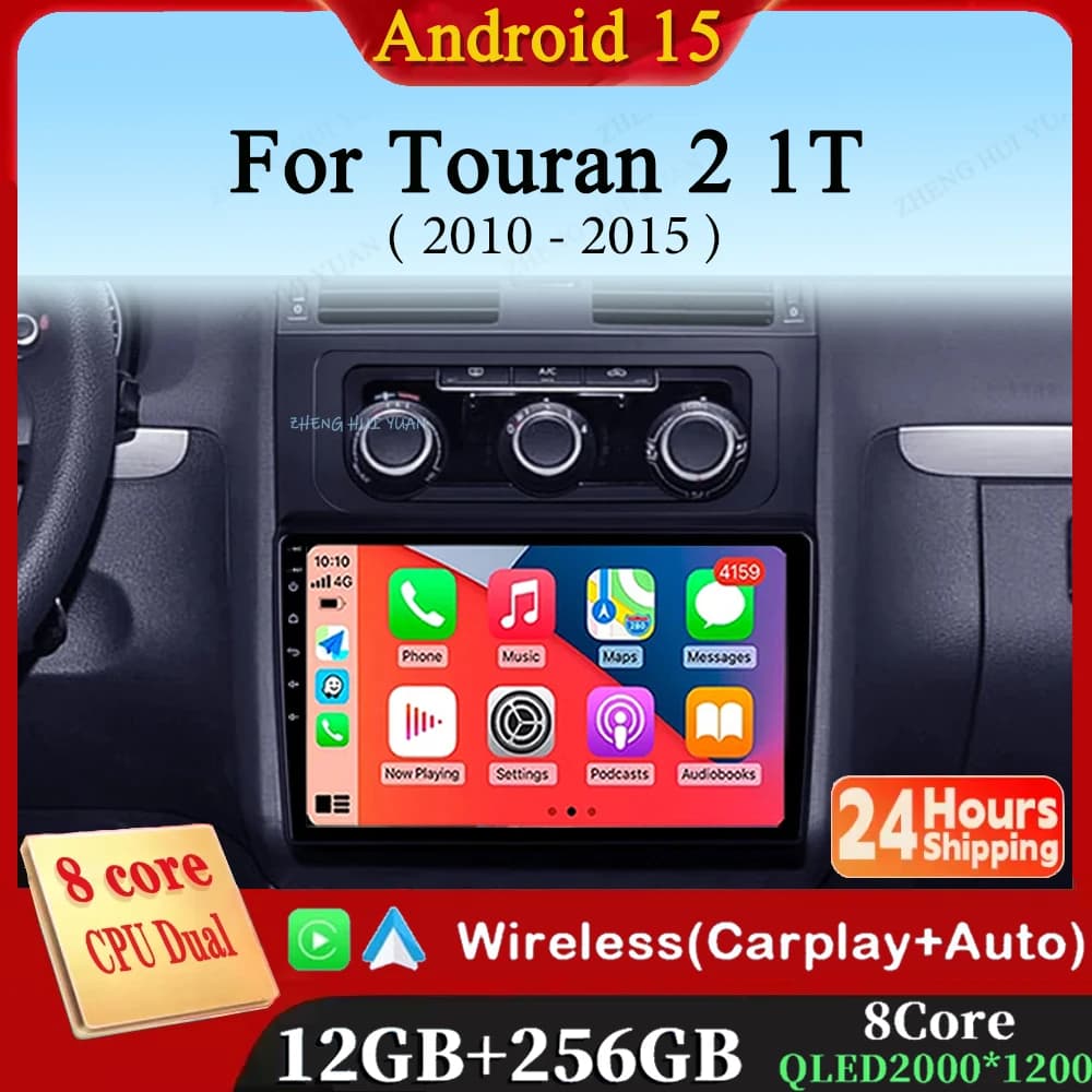 Android 15 For Volkswagen Touran 2 1T 2010 - 2015 Carplay Auto 2K Screen Multimedia player WIFI + 4G Stereo 4G