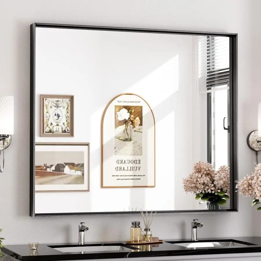 Specchio con Cornice Nera 42 x 36 Pollici, Specchio da Bagno per Parete, Specchi Rettangolari con Cornice in Metallo, Grande Specchio Moderno Stile Fattoria