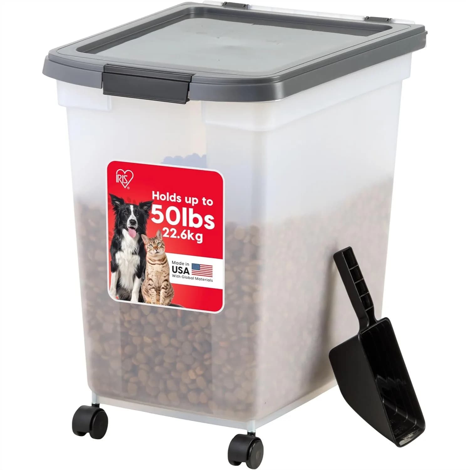 Contenitore per alimenti per animali domestici IRIS USA da 50 libbre con ruote e paletta, ermetico per mantenere la freschezza, senza BPA, trasparente/grigio scuro