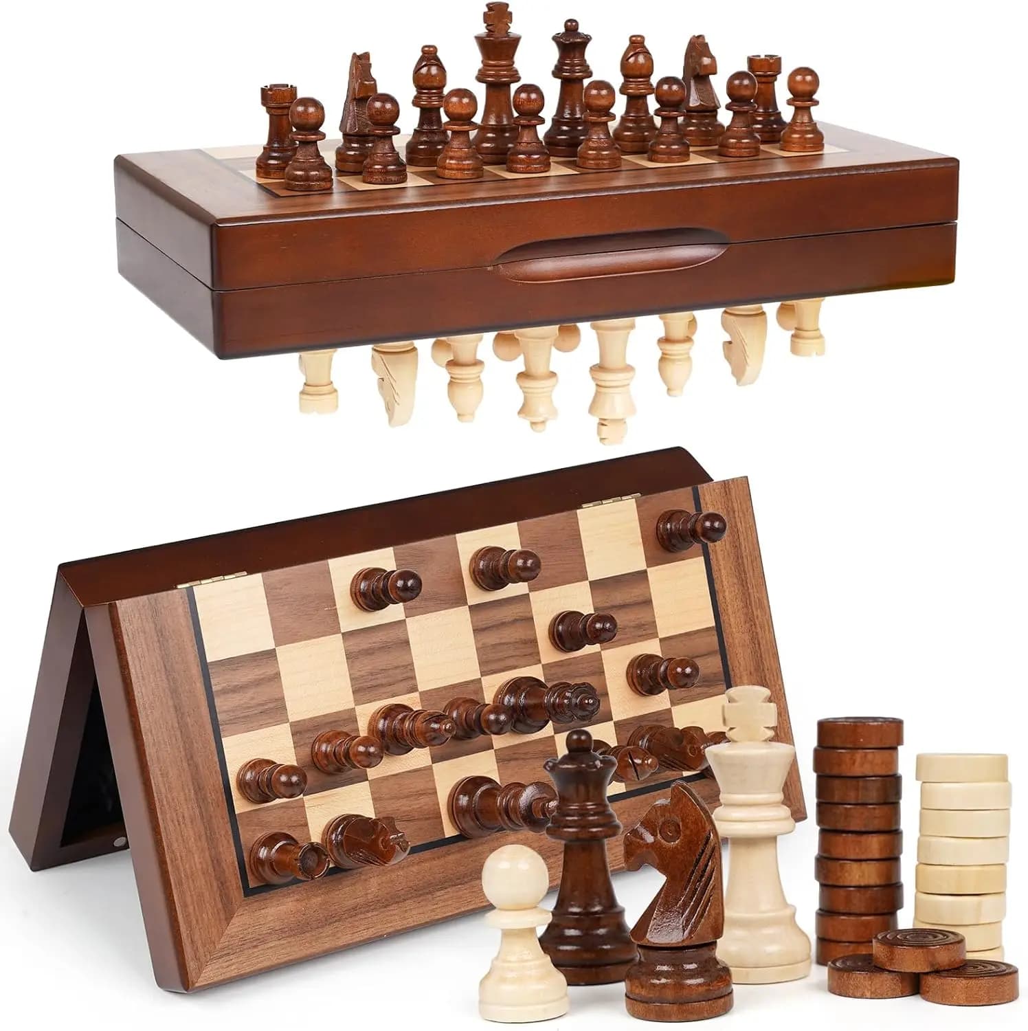 Set di Scacchi e Dama Magnetico in Legno 2-in-1, Scacchiera Pieghevole da 30 cm, Gioco da Viaggio con Contenitore