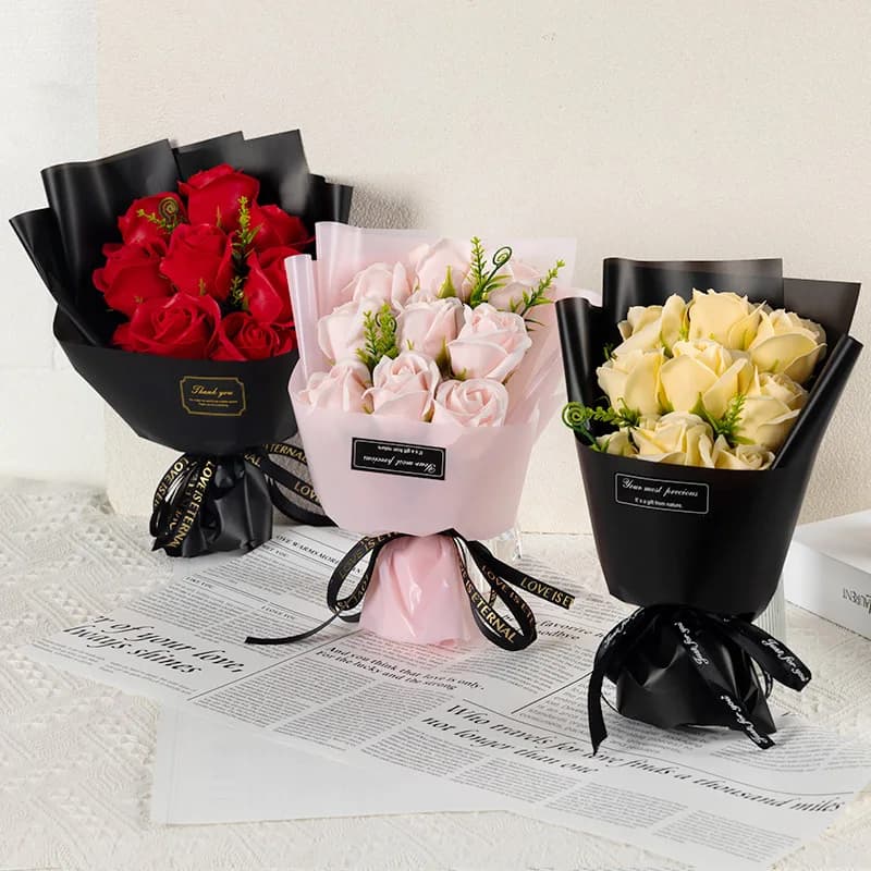 Bouquet di rose di fiori di sapone a 9 teste Fiore artificiale per Natale Matrimonio Festa di compleanno San Valentino Regalo fai da te Decorazione della casa