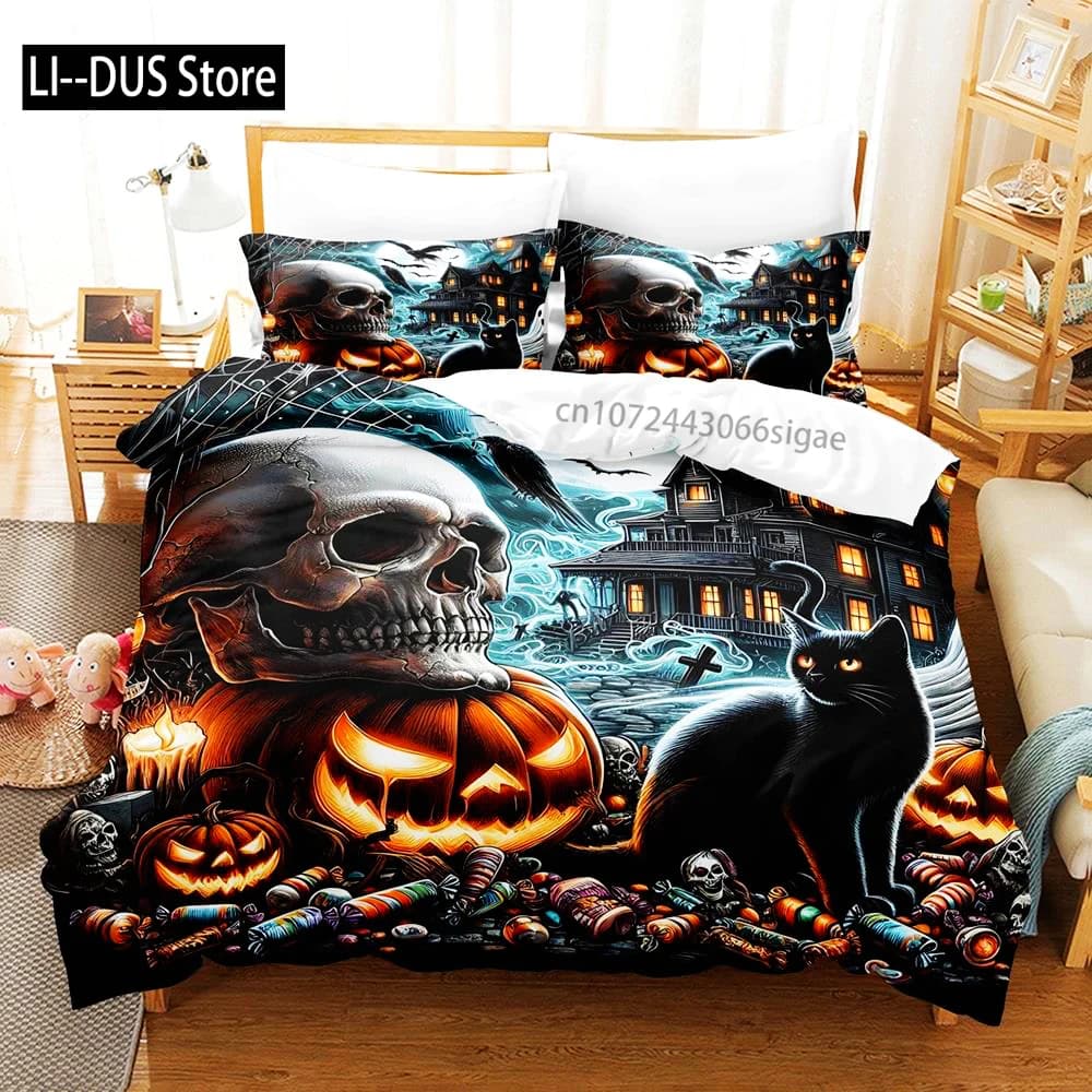 Set biancheria da letto Happy Halloween Stampa 3D Fantasma di zucca (senza nucleo) Adatto per la camera da letto Set copripiumino Regalo Vacanza Decorazioni di Halloween