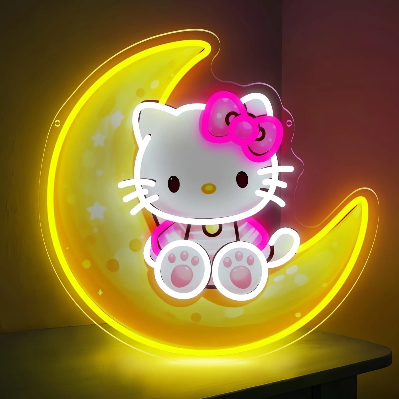 Hello Kitty on Moon Yellow, simpatica luce al neon, LED dimmerabile alimentato tramite USB, per decorazioni da parete, cameretta dei bambini, asilo nido, caffetteria, camera da letto