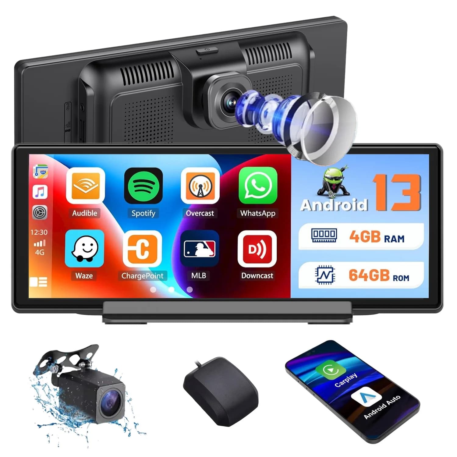 Registratore di Guida Android 13 con Touchscreen da 10.3'', 4G, ADAS, Carplay/Auto, Lettore Multimediale, Telecamera Anteriore e Posteriore per Parabrezza