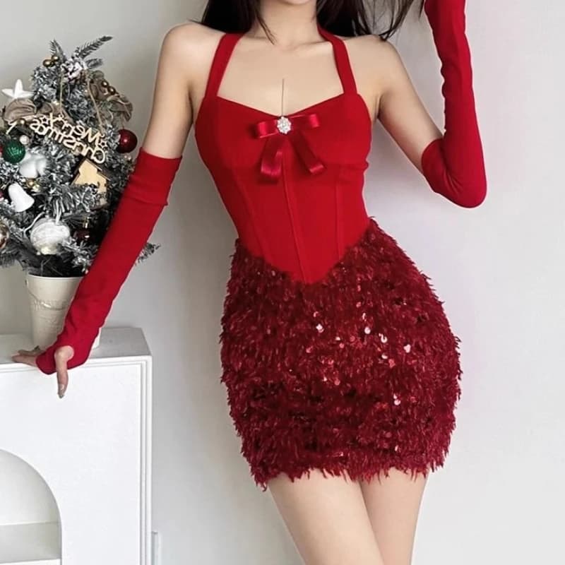 Abito da collo appeso con paillettes con fiocco sexy Pure Desire, gonna corta snellente con vita da donna
