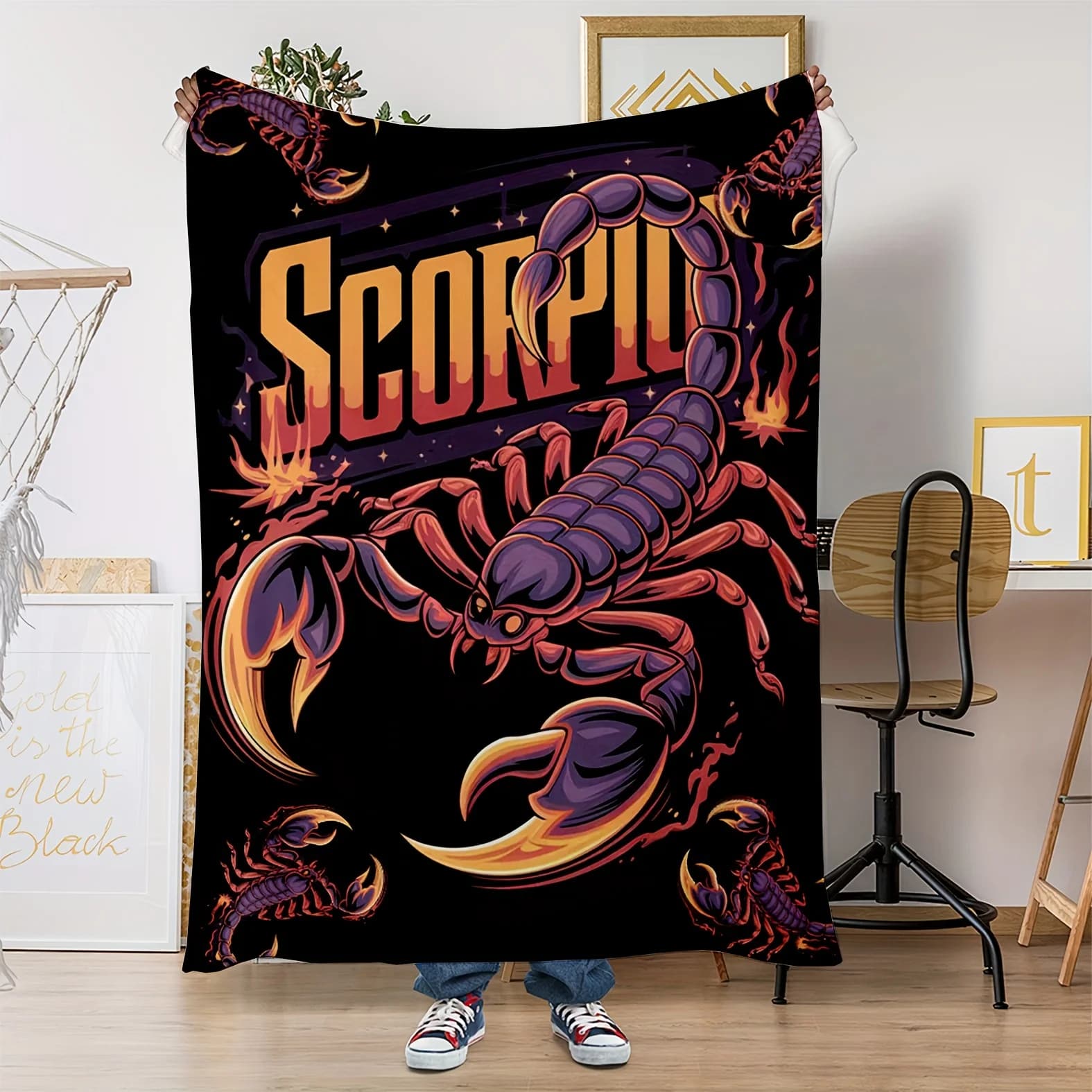 Gold and red Scorpio design Flannel printed blanket suitable for all seasons suitable for living room office sofa and travel