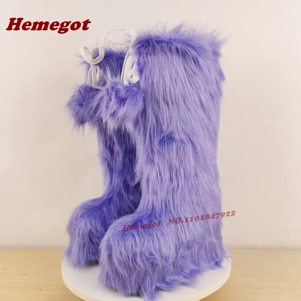 High knee boots with plateaus and purple fur balls Round toe Winter boots Lolita with increasing height for women Hot toe shoes