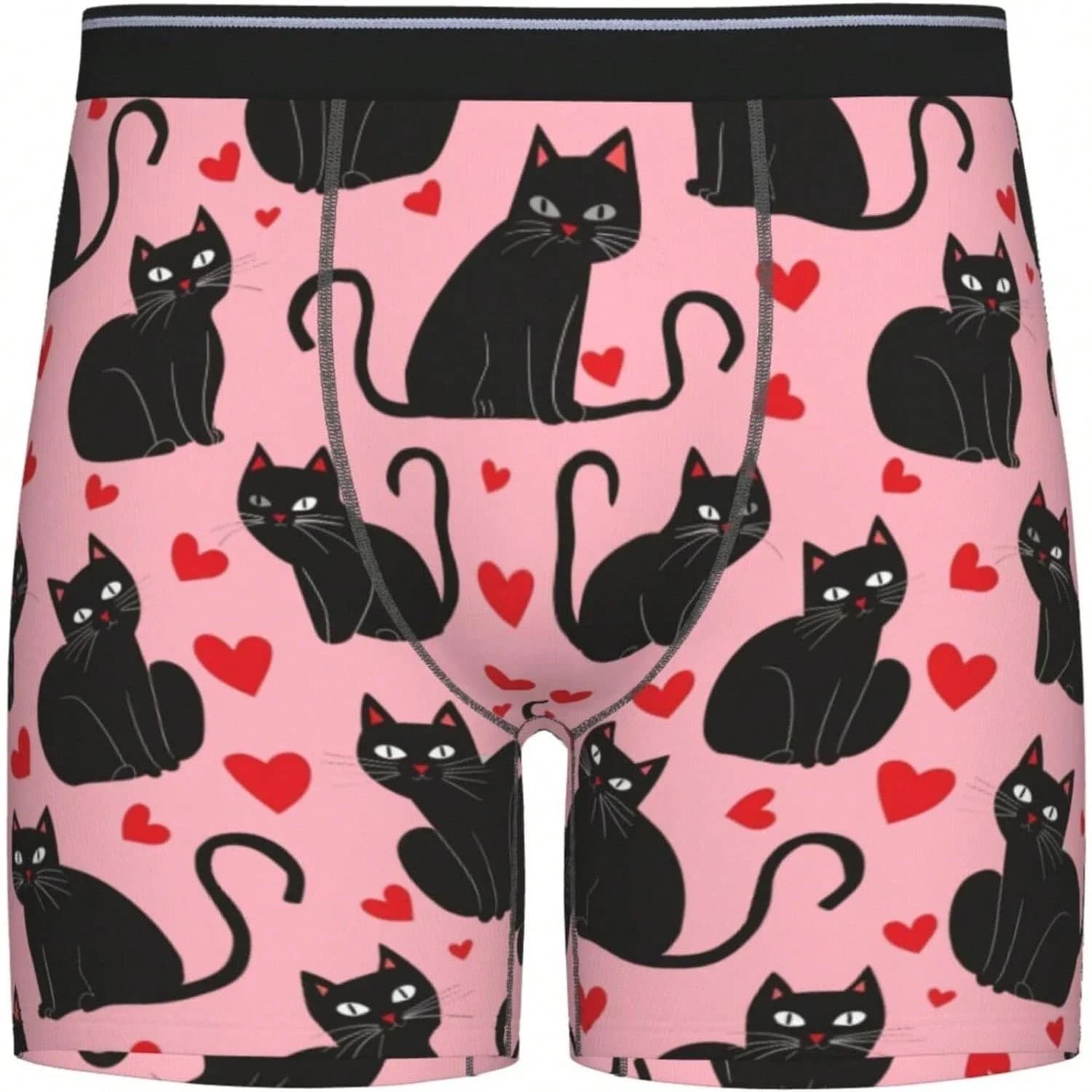 Mens Black Cat And Red Heart Print Boxer Briefs Soft Stretch Polyester Underwear Valentine Gift