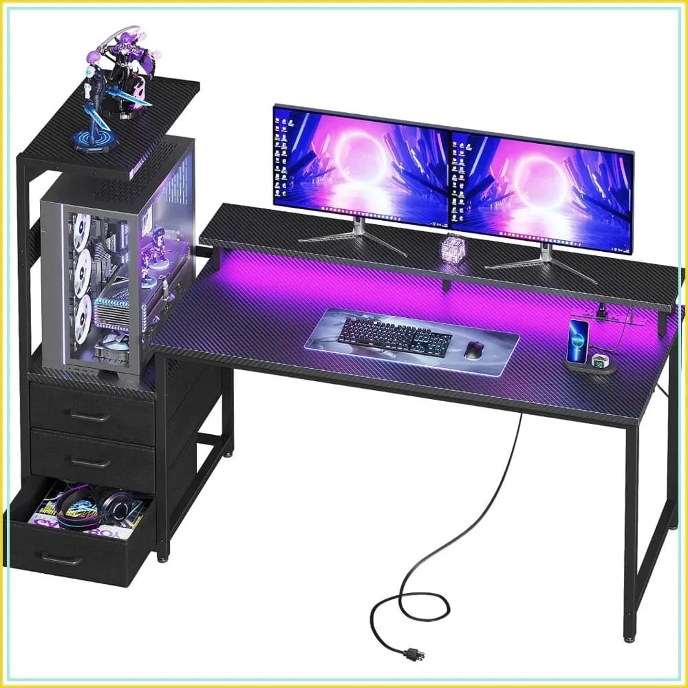 59 Inch Gaming Desk with LED Lights, Reversible Computer Desk with Storage Shelves & Monitor Stand, Fabric Drawers for Compact PC Towers, Black