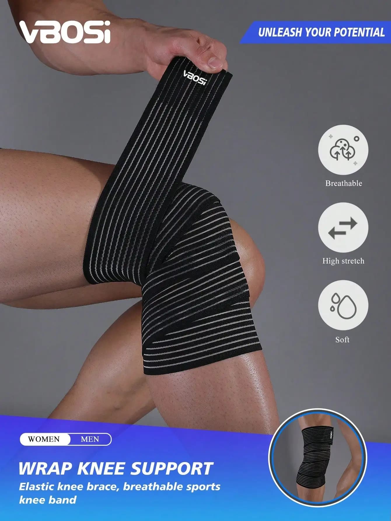 Supporto elastico traspirante per il ginocchio, morbido e confortevole, ideale per sollevamento pesi, squat, corsa, palestra, sport e protezione articolare.