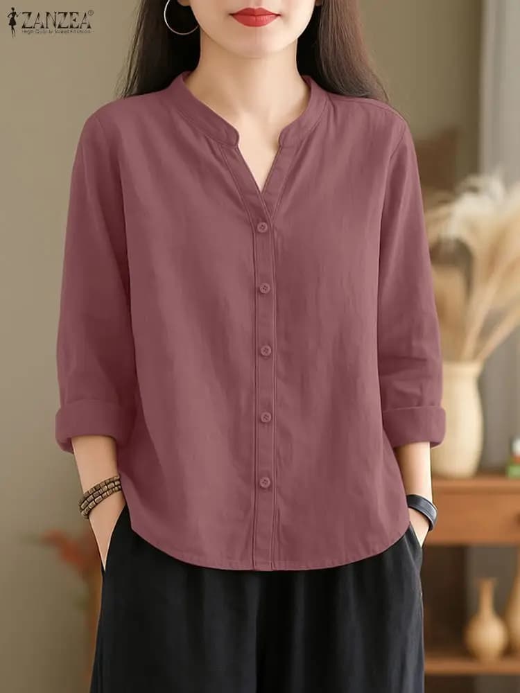ZANZEA 2025 Camicia Autunno Moda Donna Scollo a V Manica lunga Top Elegante Solid OL Camicetta da lavoro Bottoni casual Up Blusas Tunica Femme