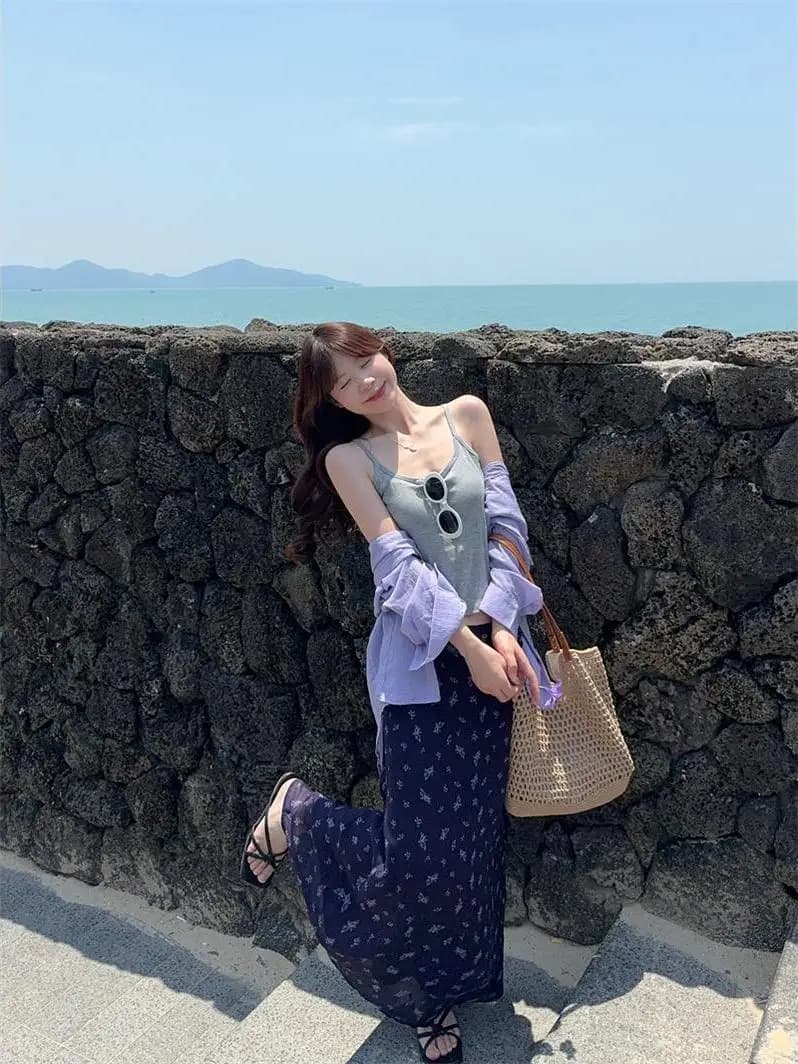Summer Casual Floral Print Three-Piece Set Women's High Waist Half Skirt Sunscreen Inner Wear Shirt Fashionable Ensemble