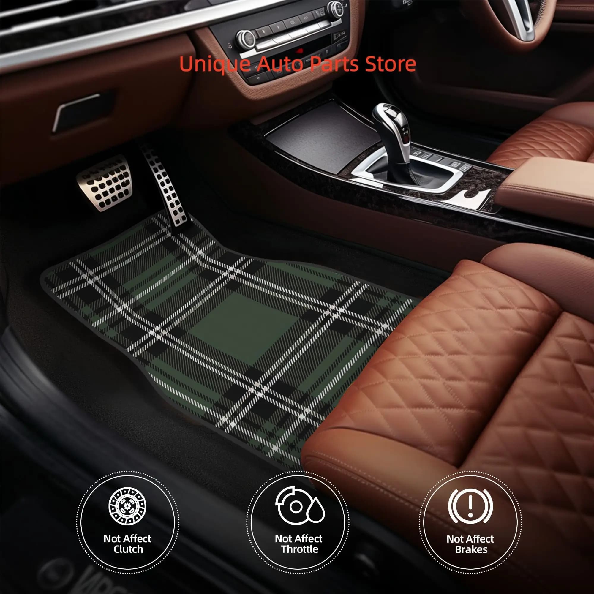 4 tappetini per auto con motivo tartan grande verde oliva, avorio morbido e nero, in resistente fibra di poliestere, adatti per auto, interni del veicolo