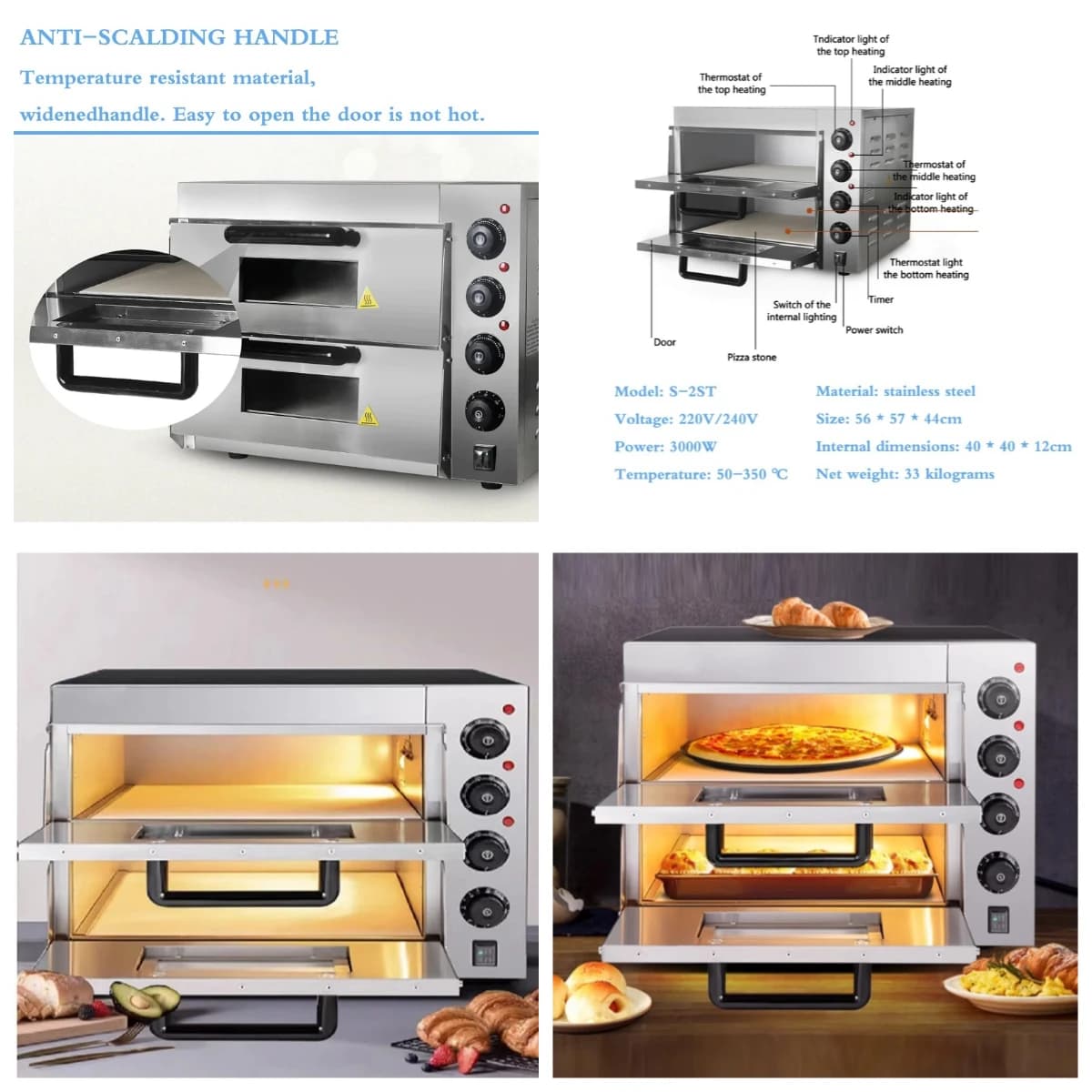 Forno per Pizza Elettrico da Banco a 2 Piani con Piano in Pietra per Cucina Commerciale Gold Seller
