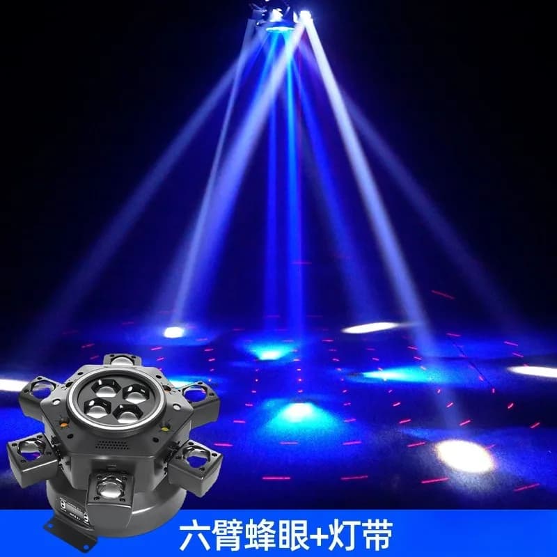Luci a 6 Bracci Effetto Occhio di Ape con Fasci Rotanti Motorizzati, Anelli LED RGB, Controllo DMX