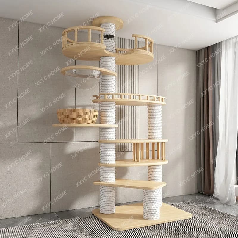 TTMModern Wood Cat Tree Tower Mobili per appartamento Casa per animali con struttura da arrampicata sul pavimento e piattaforma per saltare confezionata in cartone