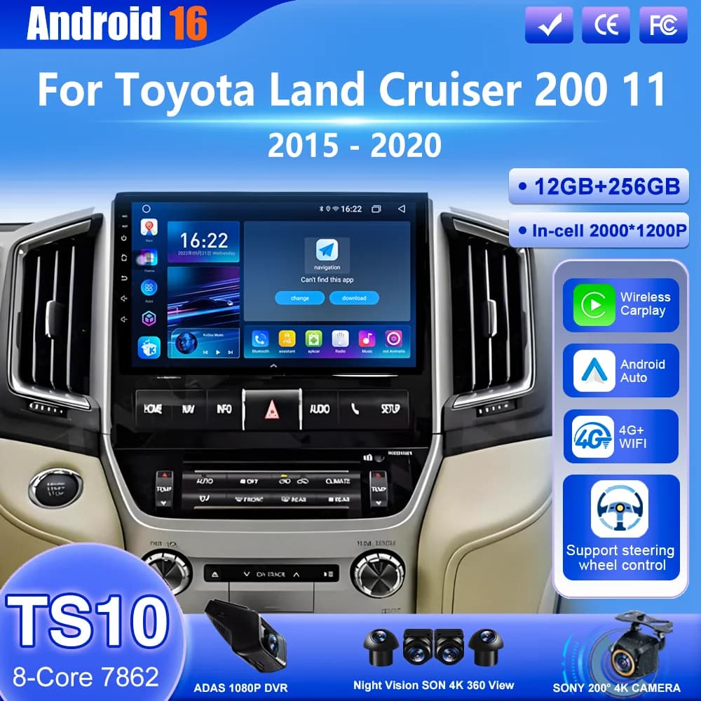 Autoradio Android 16 per Toyota Land Cruiser 200 11 2015-2020, lettore multimediale video, navigatore GPS, touchscreen, 4G WIFI, lettore DVD per auto