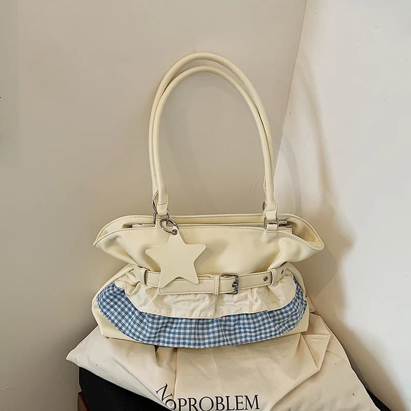 Borsa a Tracolla Casual a Quadri con Volant per Donne, Decorazione con Cintura e Stella, Borsa Sottobraccia in Pelle PU per Scuola, Viaggi e Uso Quotidiano