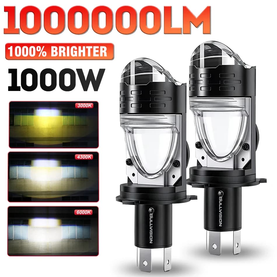 Lampada LED Bullvision H4 con Lenti 9003/HB2 Hi/Lo Canbus 3000K 4300K 6000K Mini Proiettore LED per Moto, Lampadina Faro LED H4