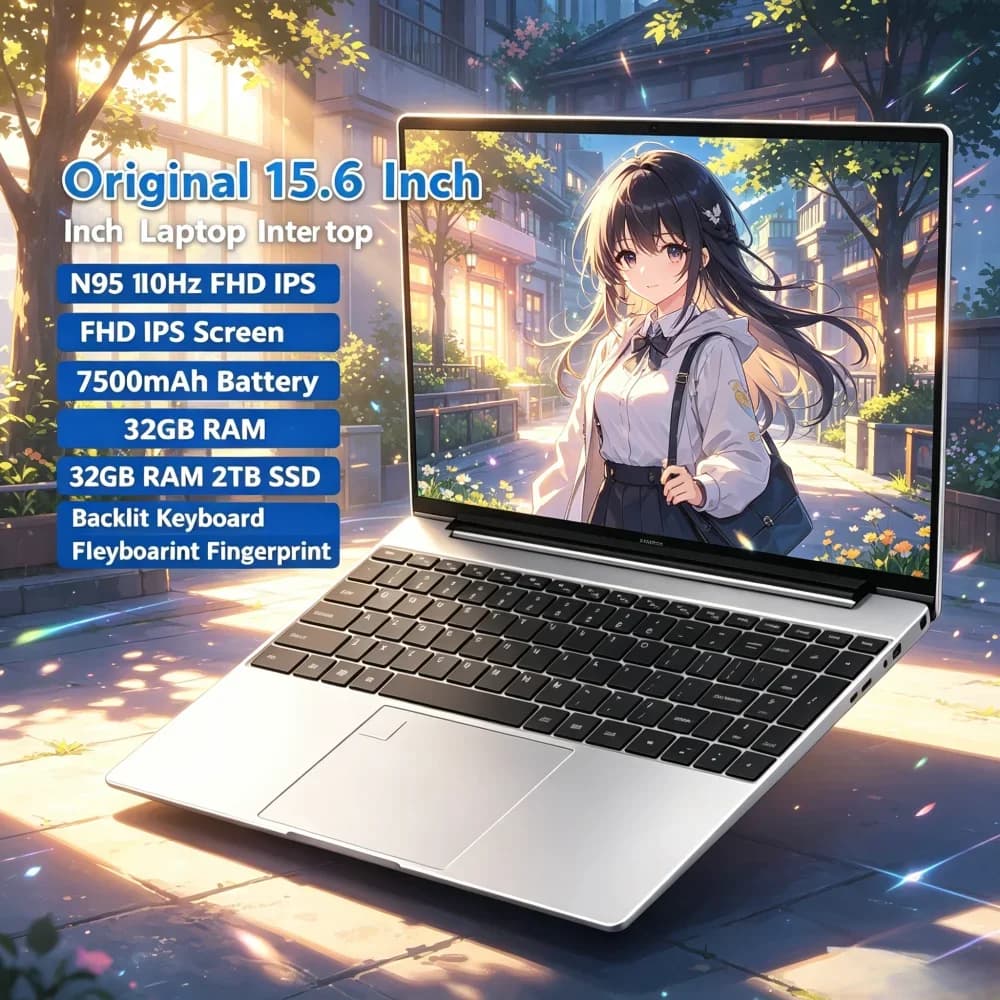 Laptop Originale 15.6" con Intel N95, Schermo IPS FHD 120Hz, Batteria 7500mAh, 32GB RAM, 2TB SSD, Tastiera Retroilluminata, Lettore di Impronte Digitali