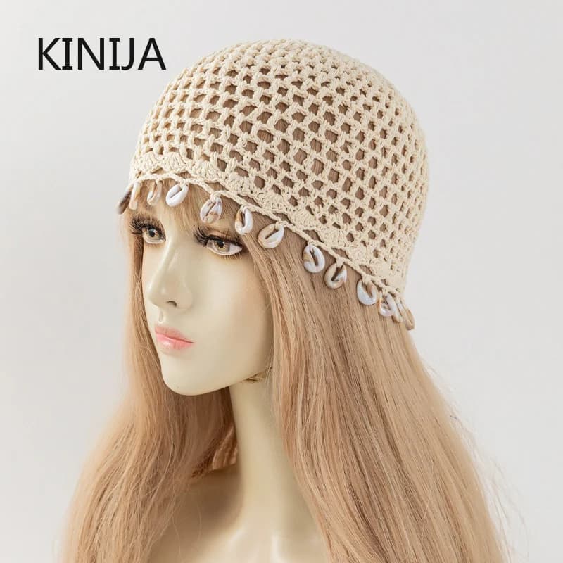 Cotton Crochet Shell Beanie Hat Shell Shell Decor Handmade Knitted Hat Breathable Hollow Out Cap Summer Bohemian Pullover Hats
