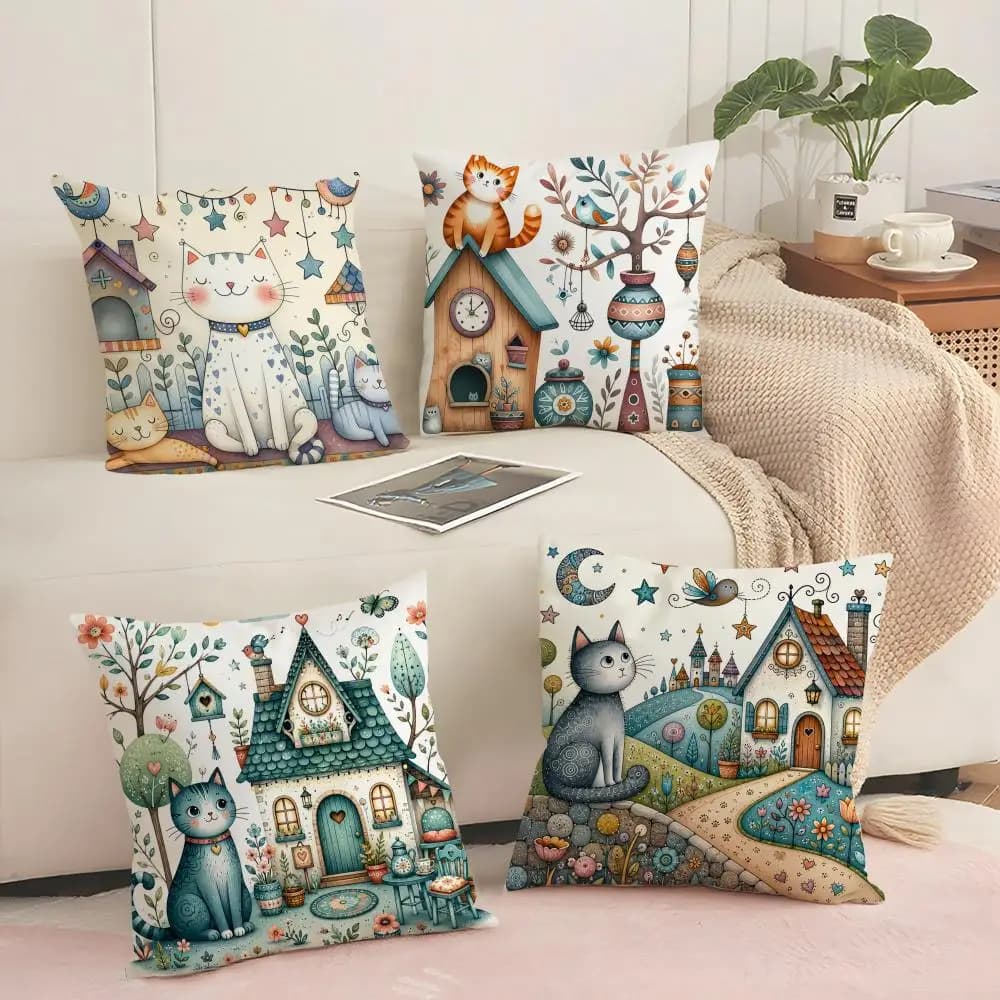 Cute Street cats Cushion Cover Silky Short Plush Invisible Zipper Dustproof Sofa Pillow Case for Home Decor