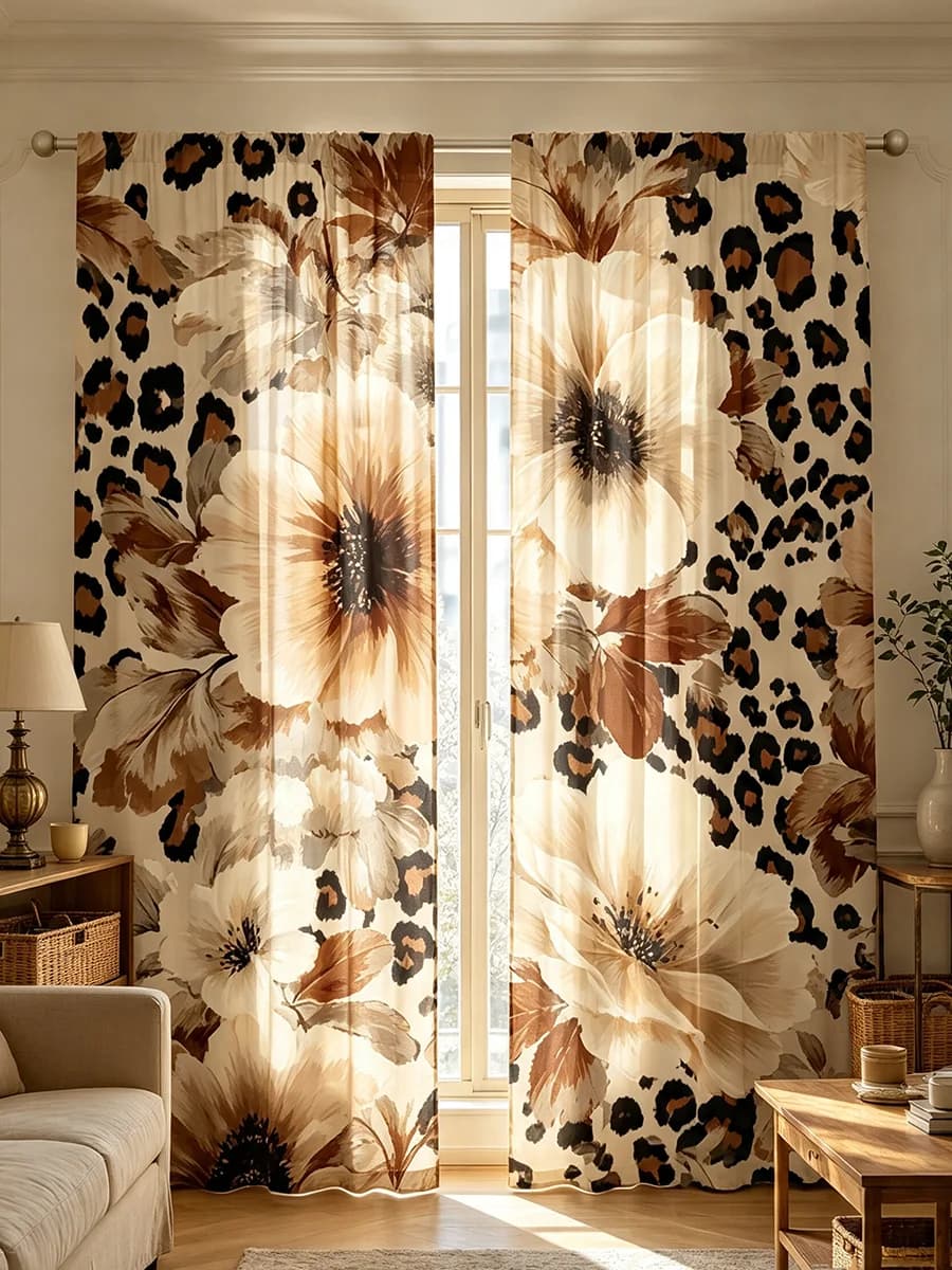 2PCS Digital Print Curtains Retro Leopard Print Beige Large Flower Aesthetic Home Decor Window Curtains