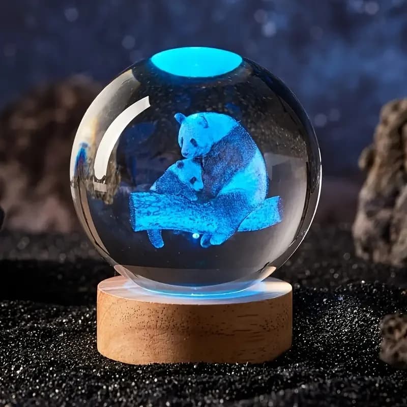1 3D laser engraving panda, night light with crystal ball, modern decoration in polished glass, Christmas, Halloween, Thank you