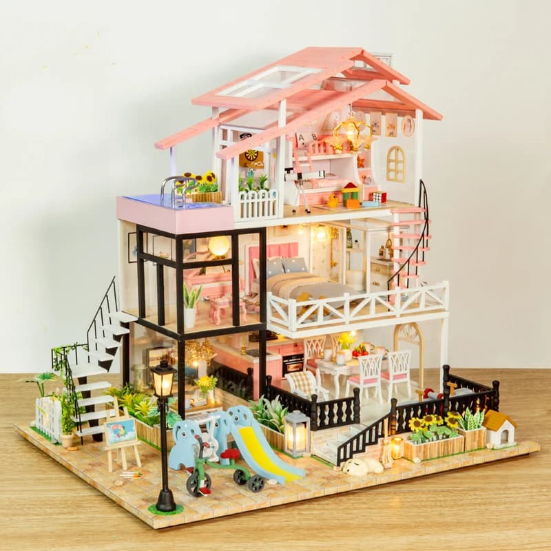 Casa delle Bambole Principessa Kit Fai-da-Te in Legno - Villa 3D da Assemblare con Mobili e Luci LED - Regalo per Feste e Compleanni per Ragazze