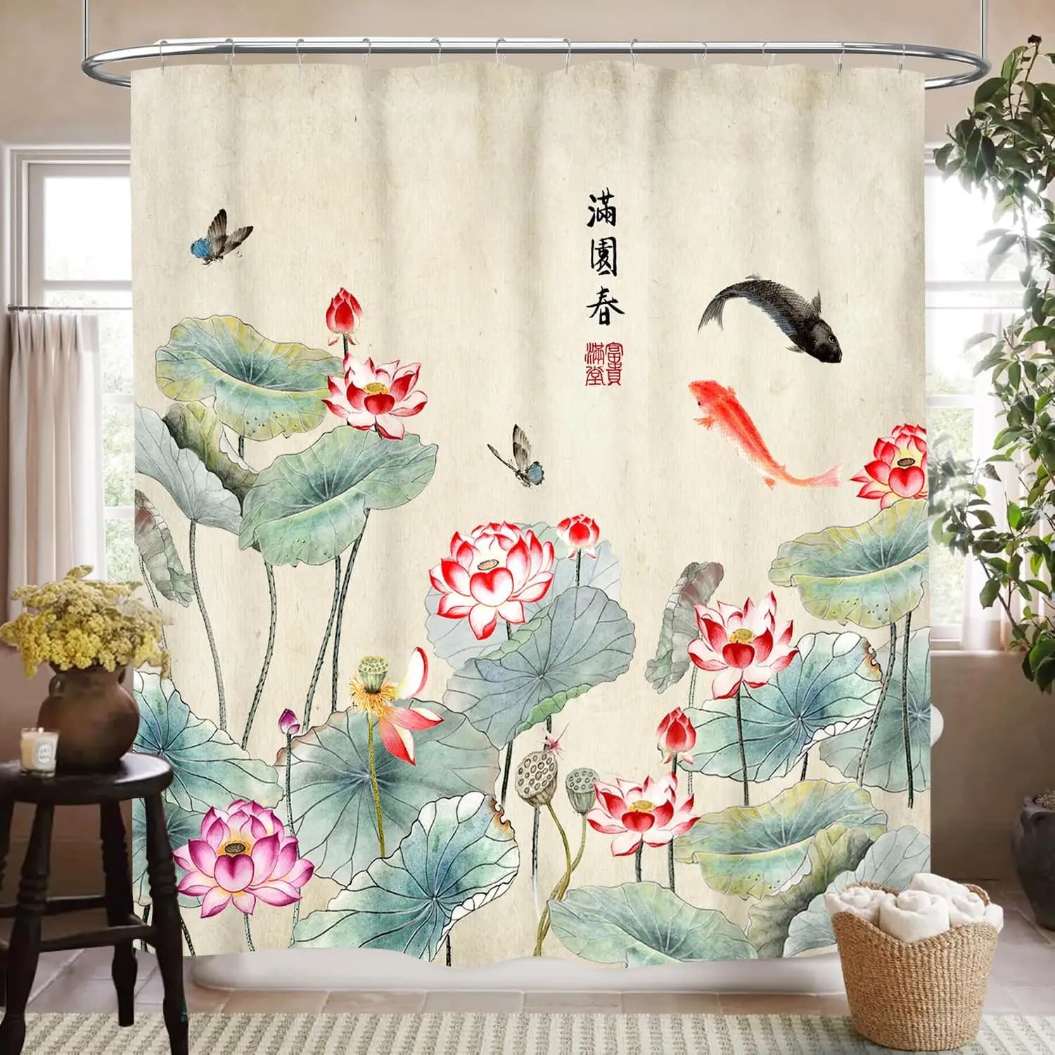 Tenda da Doccia Giapponese, Stile Tradizionale Cinese e Asiatico con Fiori di Loto, Pesci Koi e Farfalle, Pittura a Inchiostro, Natura Orientale Vintage Impermeabile
