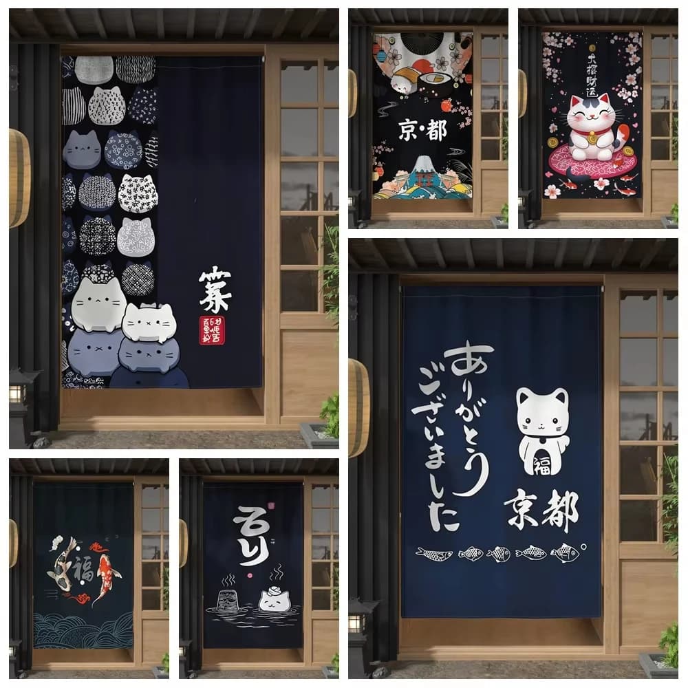 VIKAMA Retro Japanese Noren Door Curtain Koi Fish Cat Pattern Room Divider Curtain For Entryway Cafe Home Decoration