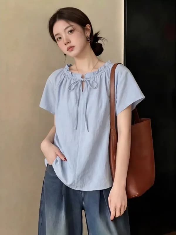 Tie-Detail Thin Shirt Women's Short Sleeve Earlet Collar Summer Korean Style Age-Defying Slimming Commute-Friendly Cotton Blouse
