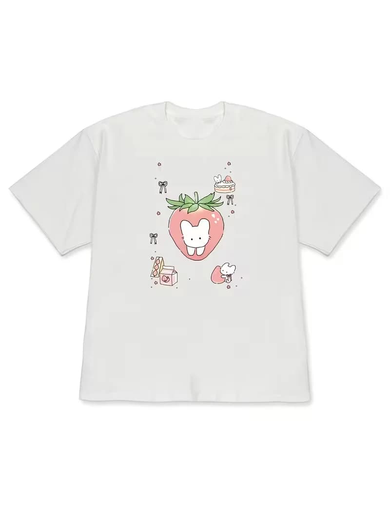 Cute Strawberry Peach Bunny Graphic T-Shirt for Women, Sweet Rabbit Print Short Sleeve Blouse, Spring Summer Casual Top