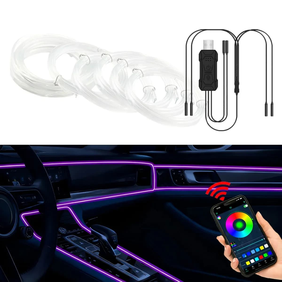 LED Ambient Light Neon Car Interior Strip Light RGB Auto Environment Light APP Control Car Center Console Decoration Accessories