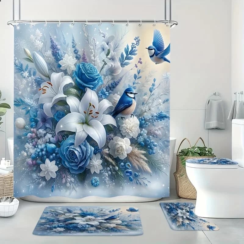Set di 4 Pezzi per Doccia con Motivo Floreale Primaverile - Elegante Decorazione per il Bagno - Tenda Lavabile in Tessuto - Tappetini e Copri WC
