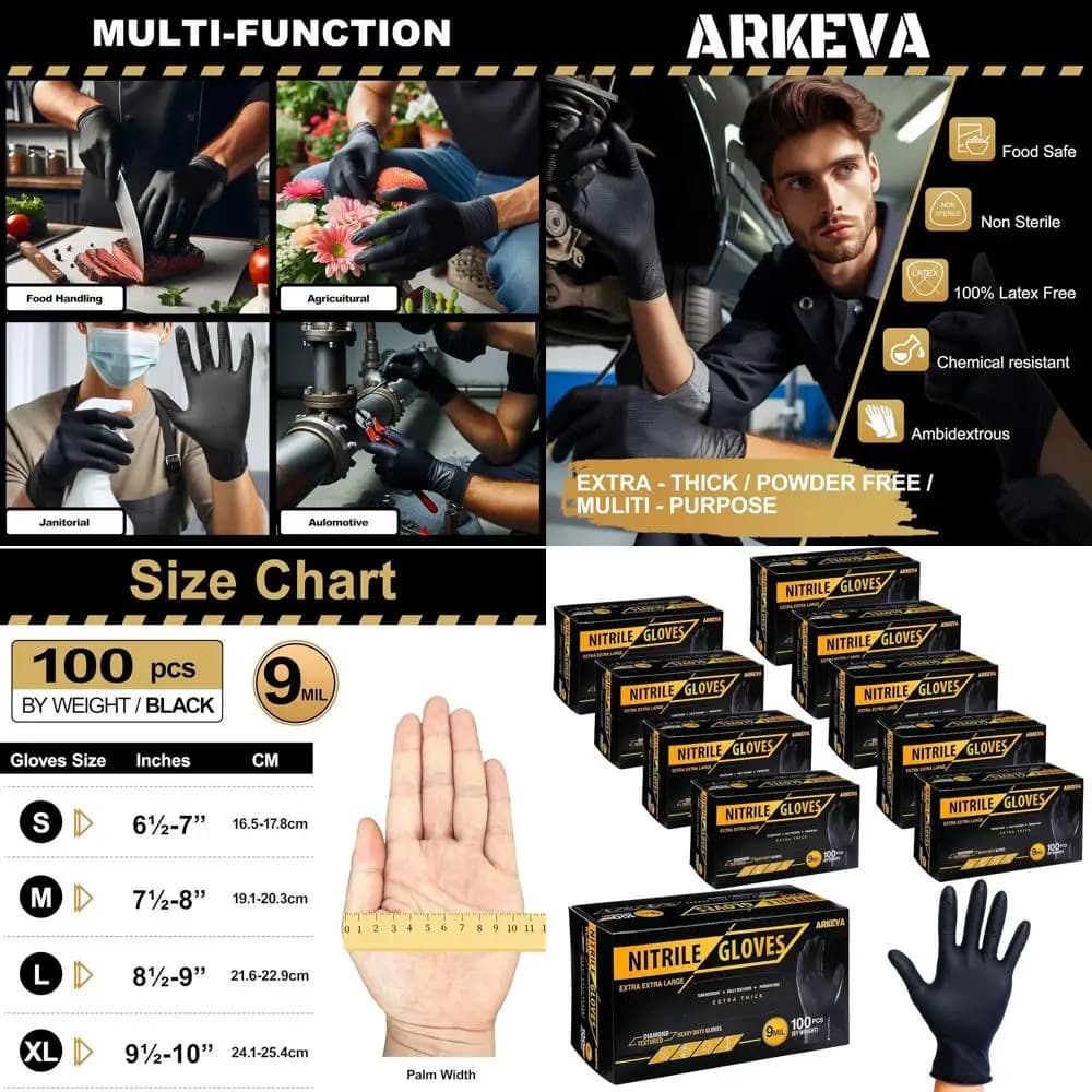 Guanti Monouso in Nitrile Nero da 9 Mil, Senza Lattice, con Presa a Diamante in Rilievo, Guanti Industriali Resistenti allo Strappo