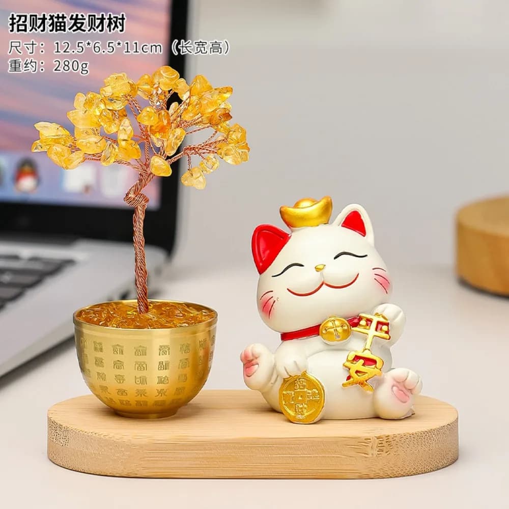 Cute Fortune Cat, Yellow Purple Crystal Fortune Tree, Entrance Decoration, Home Decor, Cartoon Kitten Money Tree