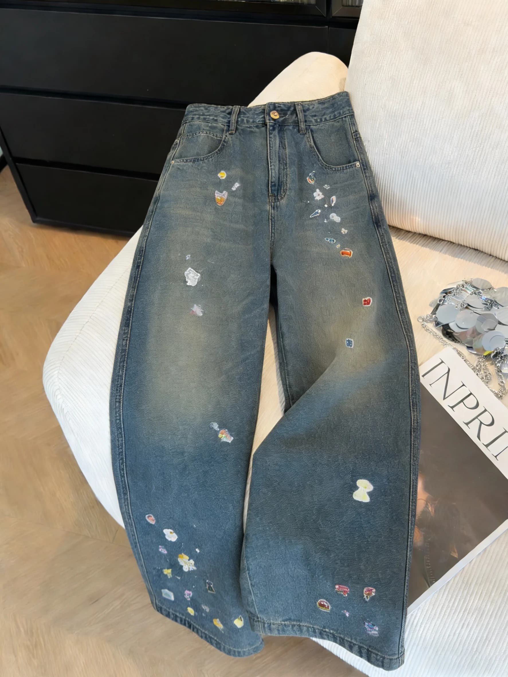 Jeans American Sle Casual con stampa cartoon, larghi e a gamba larga, da donna, per la primavera, stile casual, versatili, in denim.