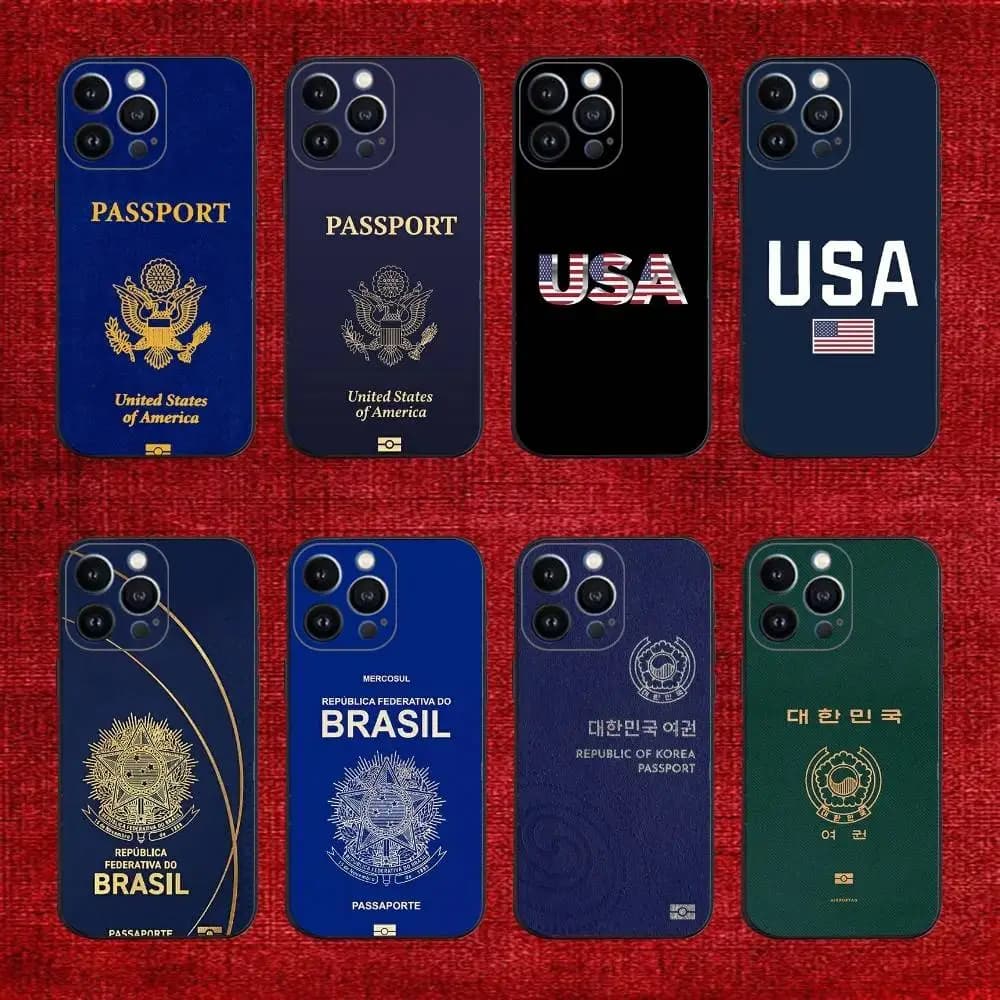 Custodia per passaporto coreano Brasile USA per iPhone 16e,16,15,14,13,12,11,Pro,X,XS,Max,XR,Plus,Mini Cover morbida nera
