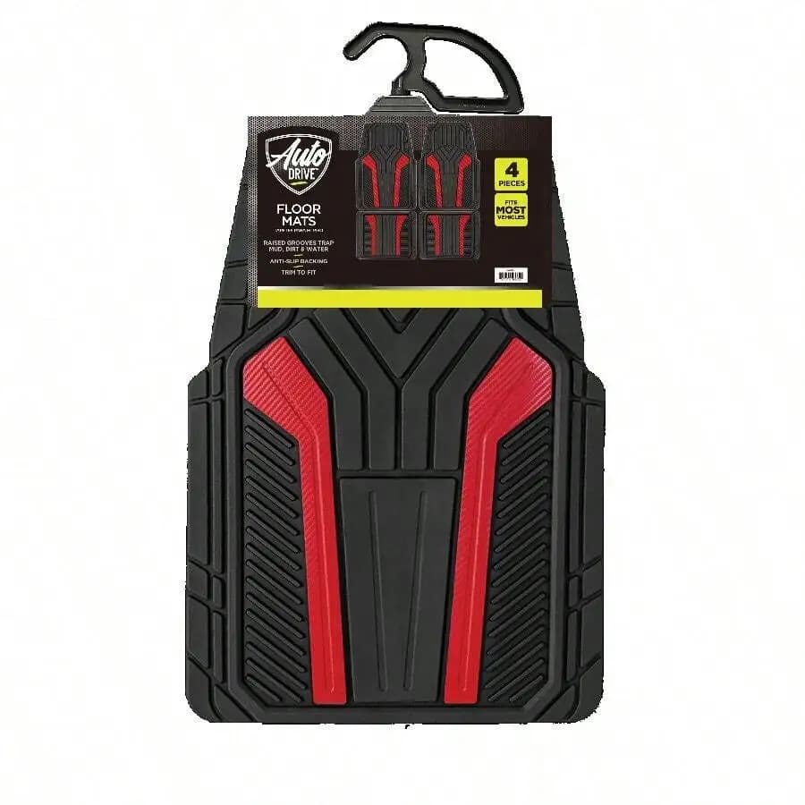4 Piece Universal Rubber Floor Mats Set Red Trim All Weather Anti-Slip Easy Clean