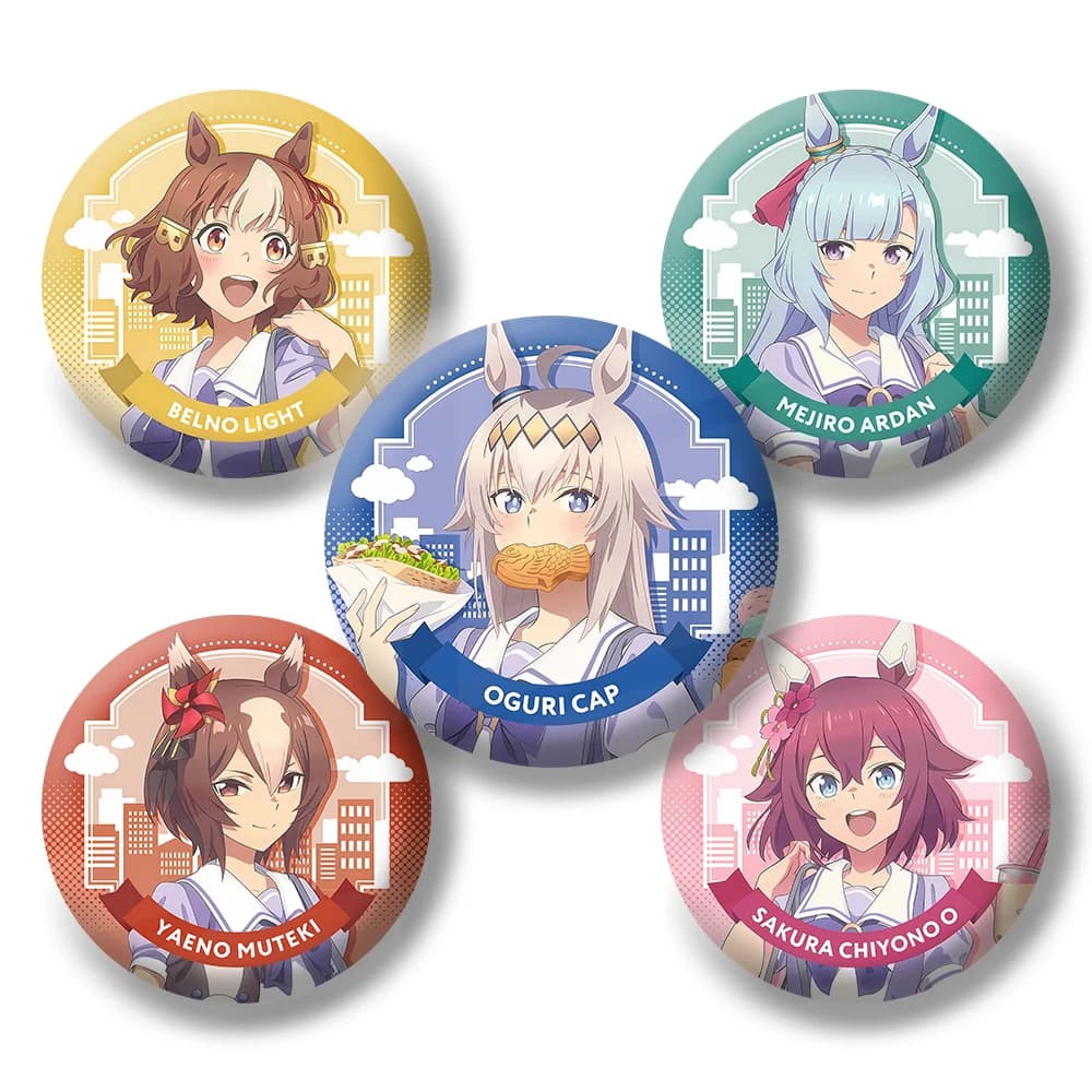 Spille da bavero con personaggi dei cartoni animati Anime Uma Musume Pretty Derby, spille rotonde creative, distintivi per zaini, portachiavi, accessori, regalo